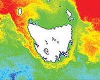 NOAA polar orbiting satellites obtain the data generating sea surface temperature images. This is a composite 15-day image showing the extension of the Leeuwin Current around Tasmania. Photo by: CSIRO