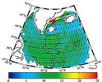 The composite 10-m wind and wind speed fields from the QuikSCAT dataset associated barrier winds for the winter (DJF) 1999-2004. The fields are shown in those regions where the compsite 10-m wind speed is statistically significant at the 99% level. In addition, the 10-m wind field is shown at every 6th gridpoint (i.e. every 1.5 degrees).